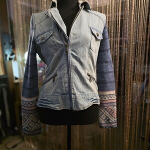 Billabong Light Blue Denim Jacket with Patterned Knit Sleeves